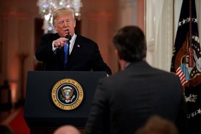 President Donald Trump speaks to CNN journalist Jim Acosta during a news conference in the East Room of the White House, Wednesday, Nov. 7, 2018, in Washington. (AP Photo/Evan Vucci)