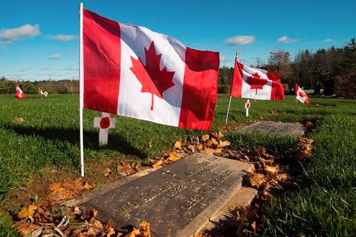 The grave marker of Warrant Officer Arthur W. McIntyre is seen at the Dartmouth Memorial Gardens in Dartmouth, N.S. on Friday, Nov. 9, 2018. Every year the Royal Canadian Legion Centennial Branch places a flag and poppy on the grave of each veteran in the cemetery. (Andrew Vaughan/The Canadian Press)