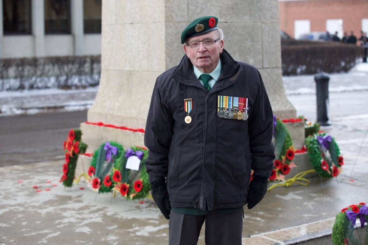 Red Deer resident Don Holloway, who served in the Korean War, stands in front the Cenotaph in Veterans’ Park after the Korean War Veterans’ Association ceremony on Sunday morning. Robin Grant/Red Deer Express