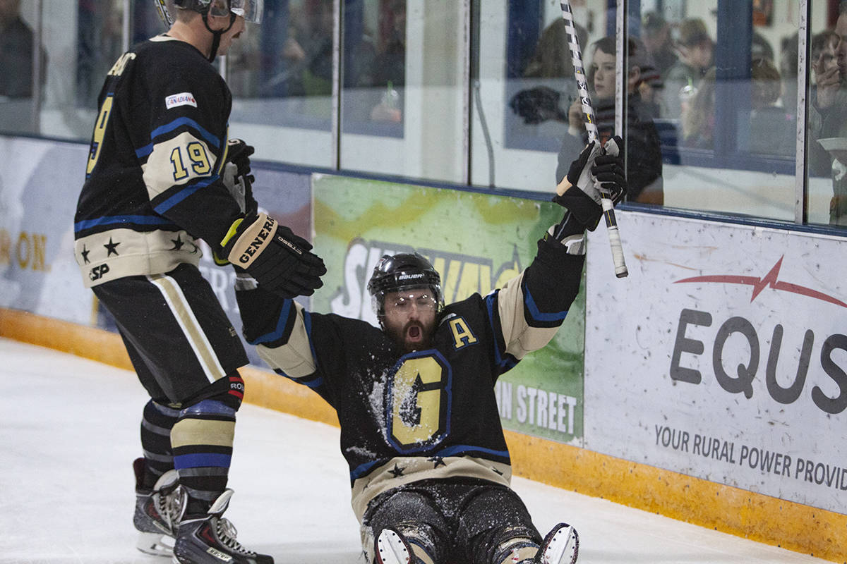 Lacombe General Jesse Todd celebrated after a first period goal against the Innisfail Eagles on Nov 11th, 2018. Todd Colin Vaughan/Lacombe Express