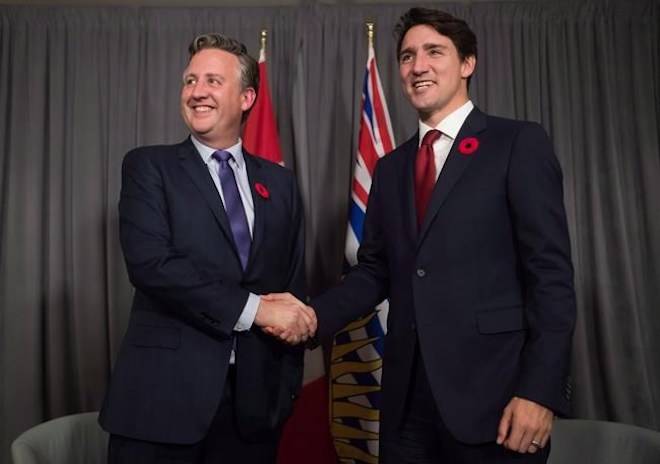 Prime Minister Justin Trudeau, right, meets with Vancouver mayor-elect Kennedy Stewart in Vancouver, on Thursday November 1, 2018. THE CANADIAN PRESS/Darryl Dyck