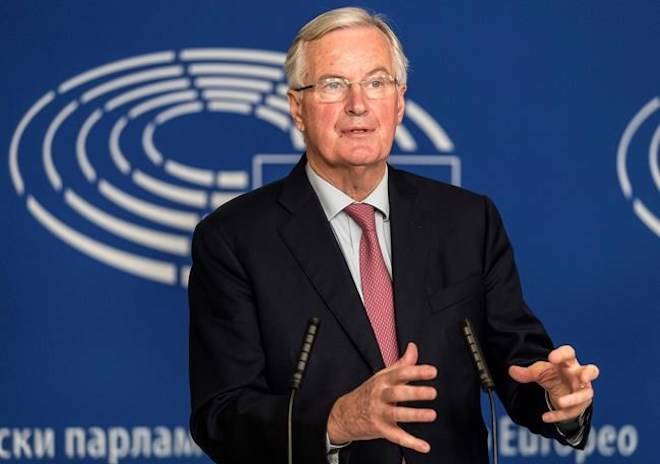 EU chief Brexit negotiator Michel Barnier gestures during a press conference at the European Parliament in Strasbourg, eastern France, Thursday, Nov.15, 2018. (AP Photo/Jean-Francois Badias)