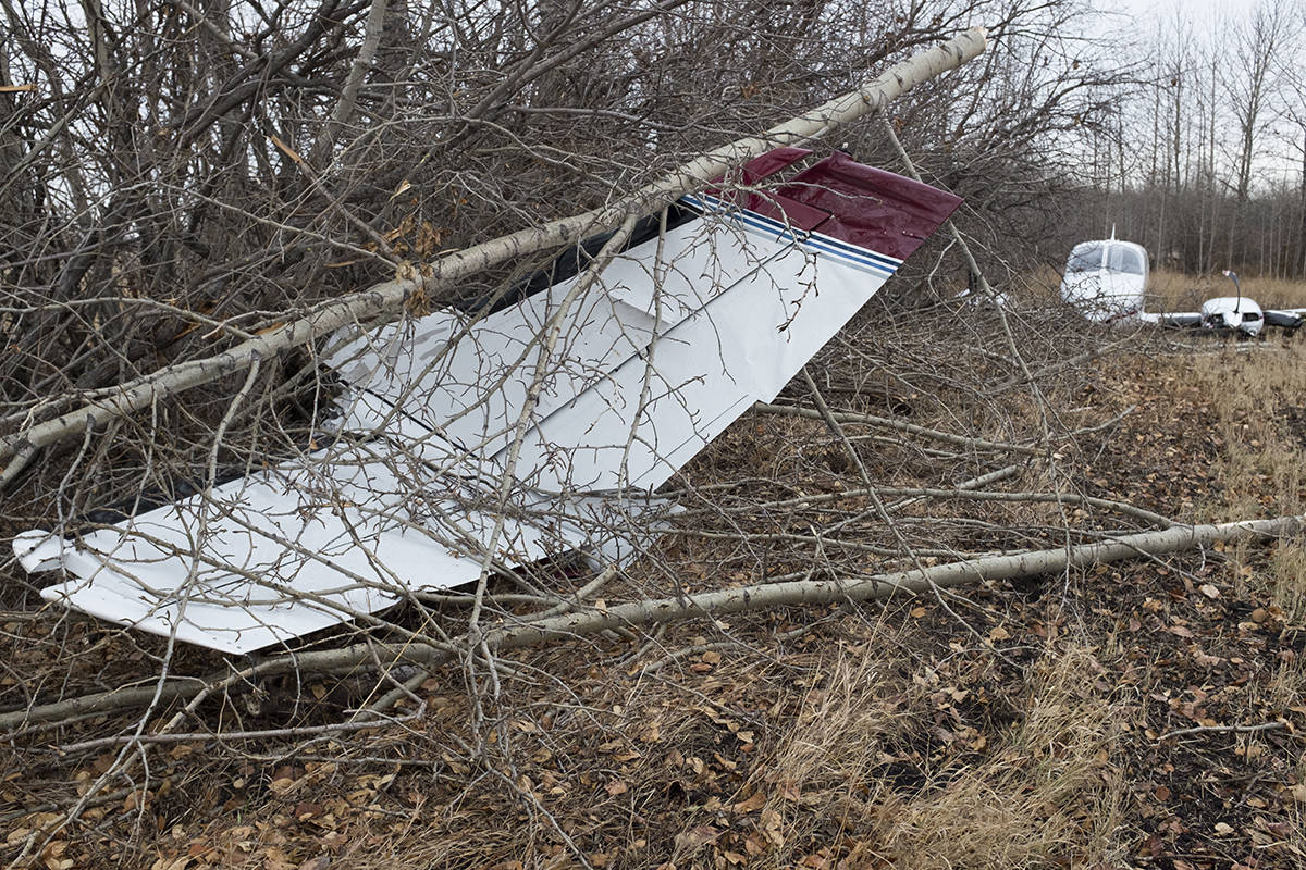 A small plane crashed into a field east of Ponoka on Nov. 13 in the evening. It appears the plane crash-landed and then slid into a copse of trees before fully stopping. The plane lost its tail in the crash and had damage to its propellors and a few other areas.                                 Photo by Jeffrey Heyden-Kaye