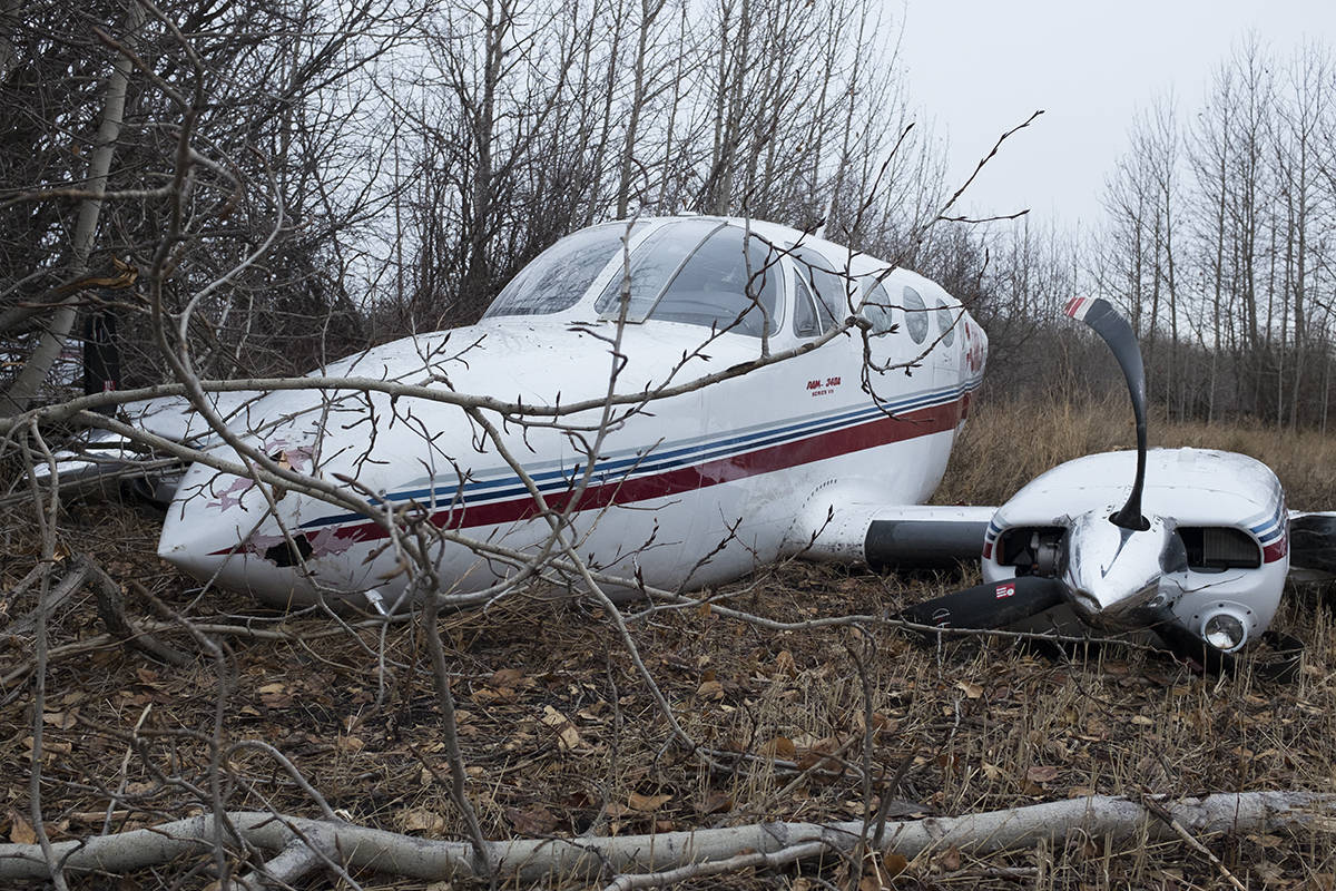 A small plane crashed into a field east of Ponoka on Nov. 13 in the evening. It appears the plane crash-landed and then slid into a copse of trees before fully stopping. The plane lost its tail in the crash and had damage to its propellors and a few other areas.                                 Photo by Jeffrey Heyden-Kaye