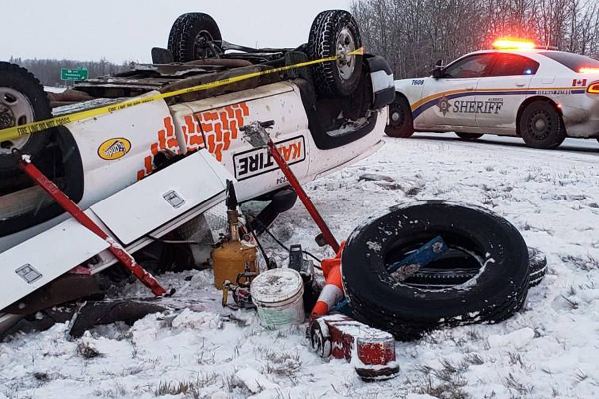 Wintry driving conditions proved a struggle on the Friday morning commute on QE2 with multiple vehicles in the ditch, along with several collisions. This rollover occurred at QE2 and Secondary Highway 611. It is believed there were no injuries from the incident. Photo courtesy of the Ponoka Integrated Traffic Unit                                 Wintry driving conditions proved a struggle on the Friday morning commute on QE2 with multiple vehicles in the ditch, along with several collisions. This rollover occurred at QE2 and Secondary Highway 611. It is believed there were no injuries from the incident. Photo courtesy of the Ponoka Integrated Traffic Unit