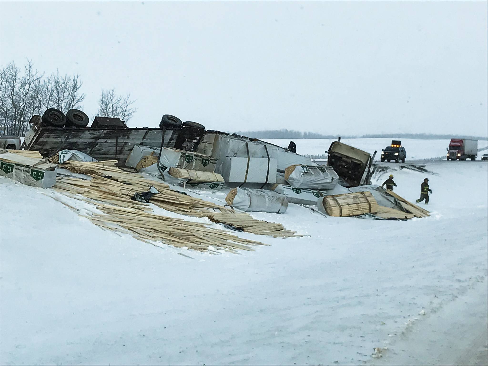 Semi loses lumber on QE2: Wintry road conditions on the QE2 near Ponoka continued to wreak havoc for motorists. At about 10:45 a.m. Friday morning a southbound semi tractor hauling lumber rolled in the median just north of Ponoka.                                Photos submitted
