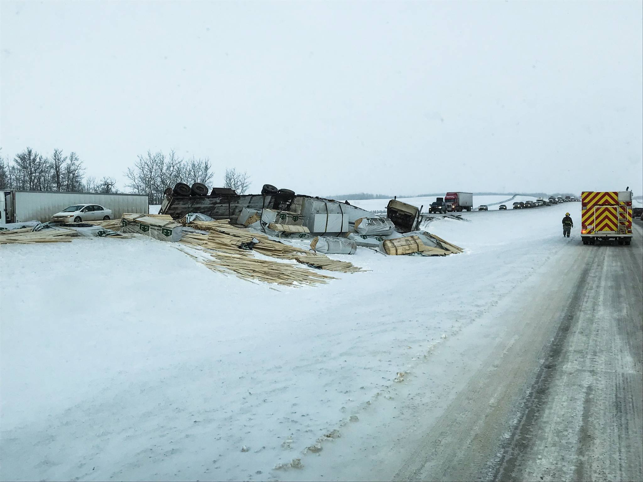 Semi loses lumber on QE2: Wintry road conditions on the QE2 near Ponoka continued to wreak havoc for motorists. At about 10:45 a.m. Friday morning a southbound semi tractor hauling lumber rolled in the median just north of Ponoka.                                Photos submitted