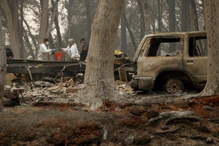 Investigators use a bucket to help recover human remains at a home burned in the Camp fire, Thursday, Nov. 15, 2018, in Magalia, Calif. (AP Photo/John Locher)