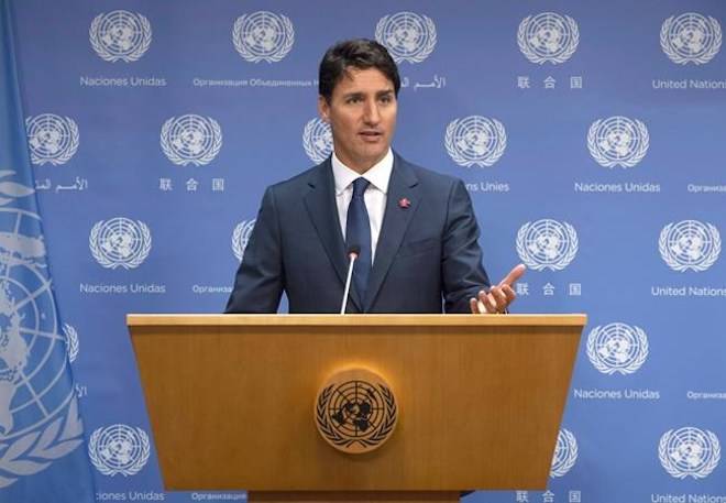 Canadian Prime Minister Justin Trudeau speaks during a news conference at the United Nations, Wednesday, Sept. 26, 2018. THE CANADIAN PRESS/Adrian Wyld