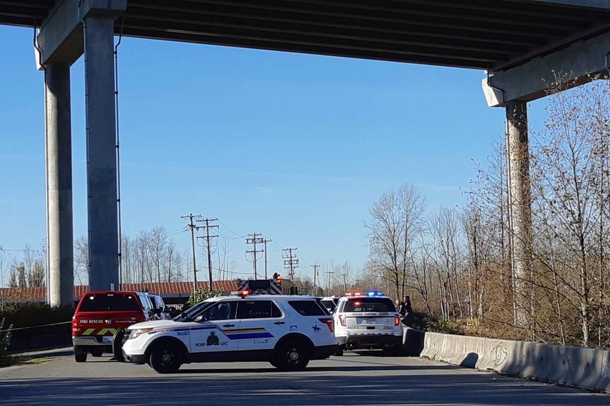 Mounties gather near the Golden Ears Bridge after a body was found in Maple Ridge Sunday. (Colleen Flanagan/Maple Ridge News)