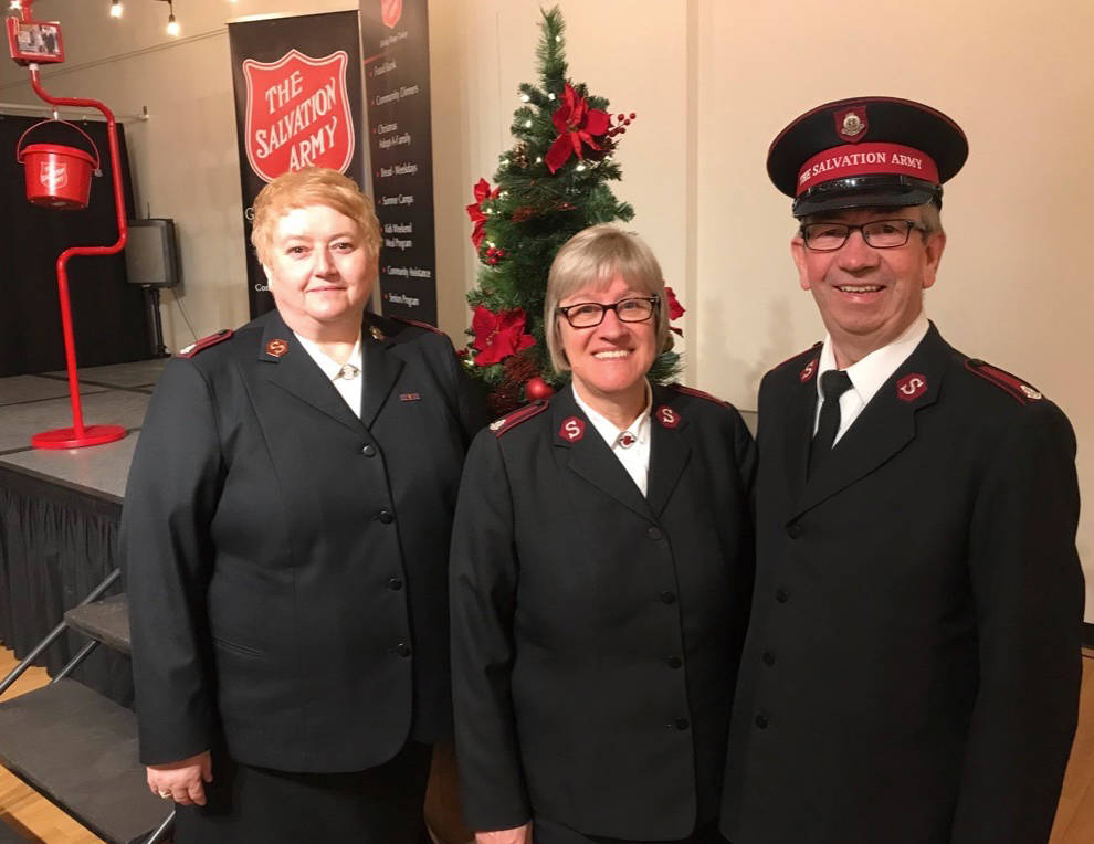 From left, Major Elaine Bridger of Divisional Headquarters in Edmonton and Majors Marilyn and Larry Bridger of the Red Deer Salvation Army pose for a photo following the launch of the annual Christmas Kettle Campaing kick-off.                                Mark Weber/Red Deer Express