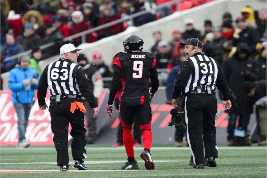Ottawa Redblacks’ Jonathan Rose (9) is escorted off the field while taking on the Hamilton Tiger-Cats during first half CFL East Division final action on Sunday, Nov. 18, 2018. SEAN KILPATRICK / AP