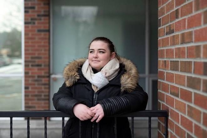 Brynn Vincent, 19, a child poverty advocate, student and young mother, is photographed outside her school at the Youville Centre in Ottawa on Monday, Nov. 19, 2018. THE CANADIAN PRESS/Justin Tang