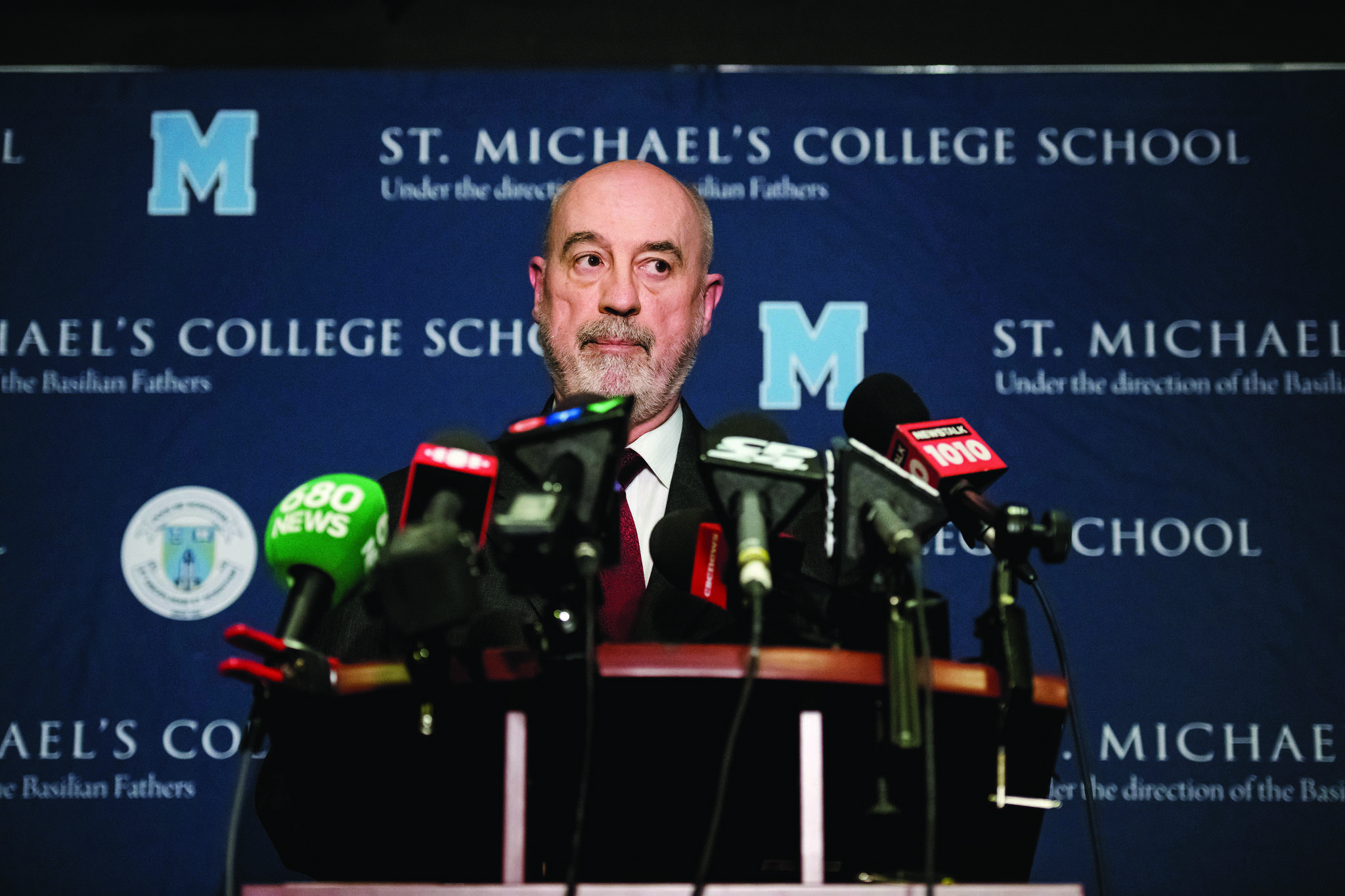 St. Michael’s College School principal Gregory Reeves, speaks to reporters at the school in Toronto, Monday, Nov. 19, 2018. (Christopher Katsarov/The Canadian Press)