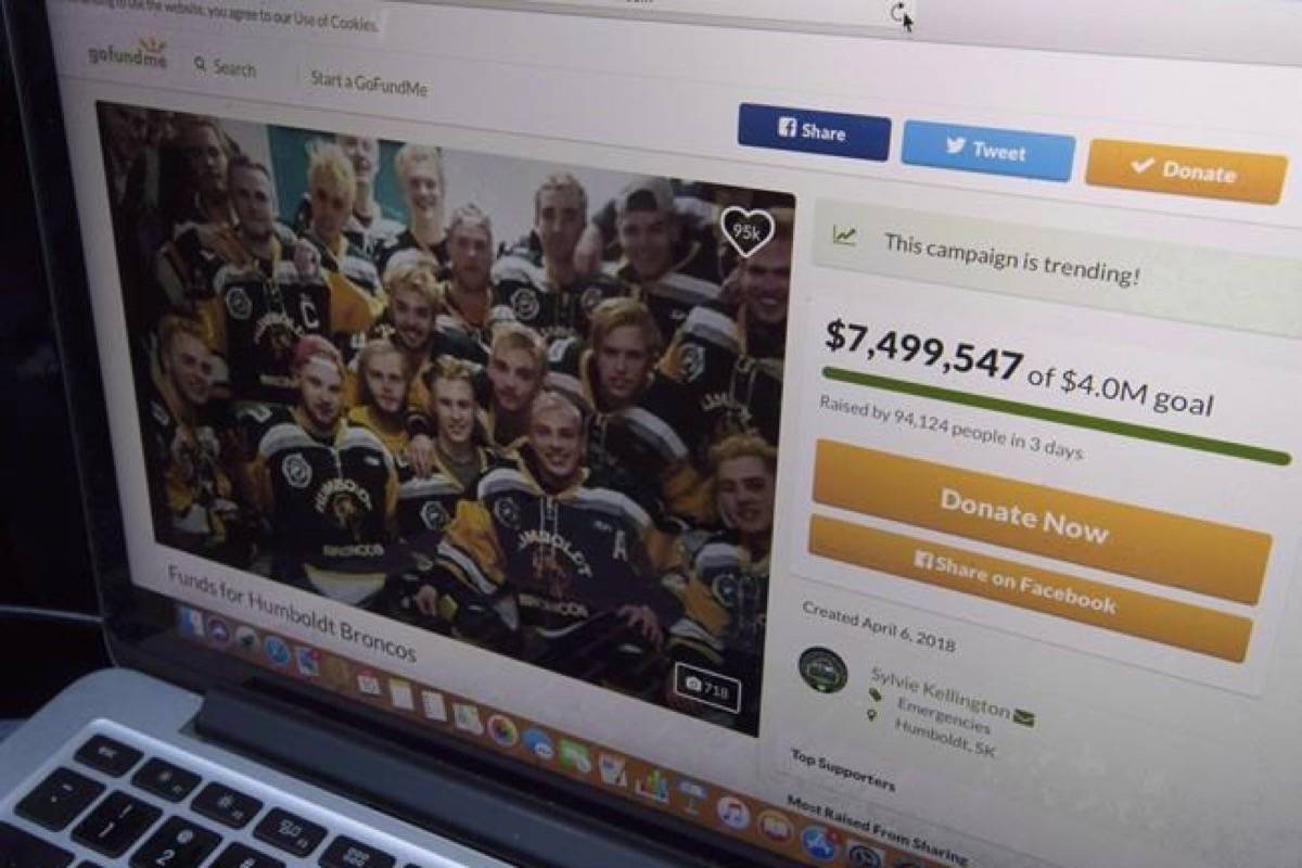A GoFundMe page for the Humboldt Broncos is seen on a computer near Tisdale, Sask., on April, 10, 2018. An advisory committee working on how to distribute $15.2 million raised in a GoFundMe campaign after the Humboldt Broncos bus crash says they will respect the families wishes and distribute the money in an equal way. (Jonathan Hayward/The Canadian Press)