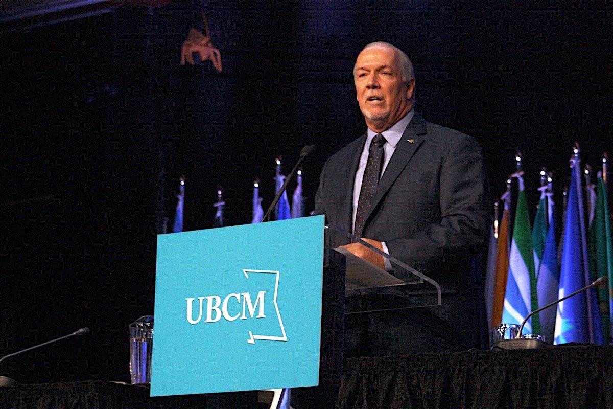 Premier John Horgan speaks to Union of B.C. Municipalities convention in Whistler, Sept. 14, 2018. (Katya Slepian/Black Press)