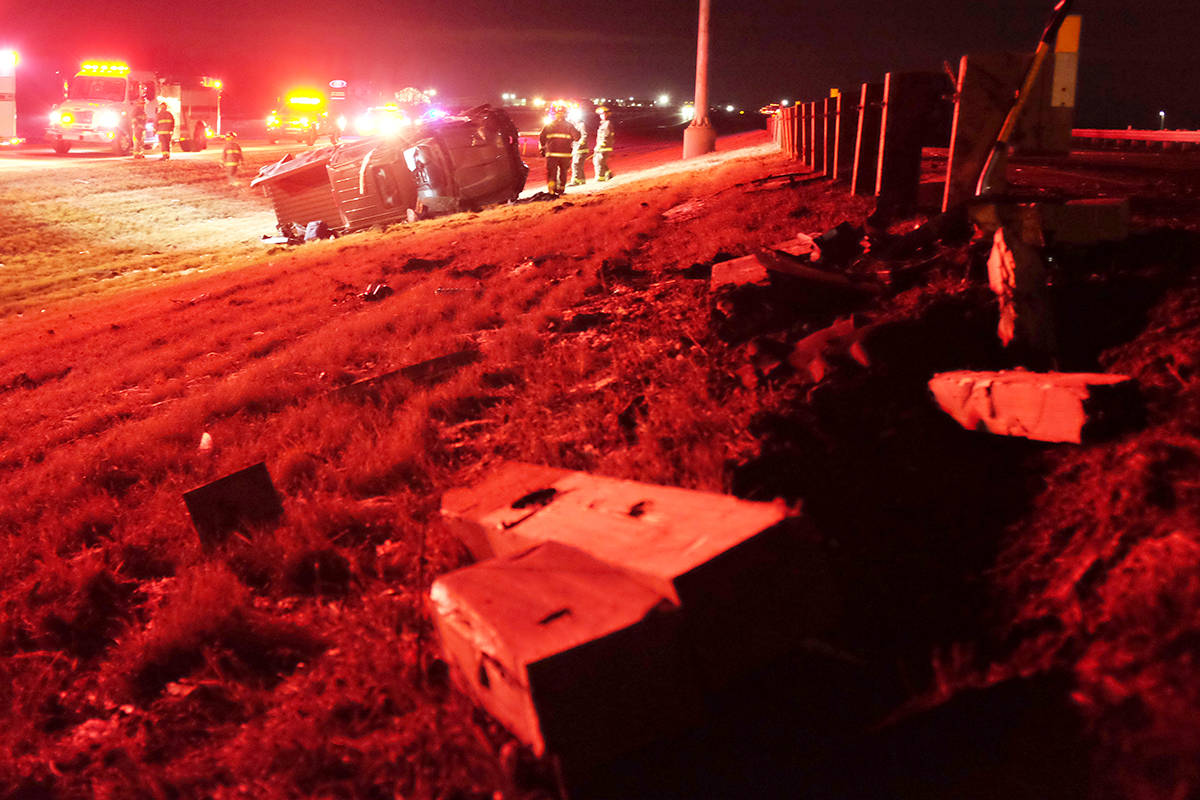 The driver of a pickup is believed to have suffered minor injuries Nov. 22 at 11 p.m. after his truck crashed through a guard rail and into the median. Emergency crews were called to the scene of the collision, which occurred on Highway QE2 just south of the Highway 53 Ponoka exit.                                Photo by Jeffrey Heyden-Kaye