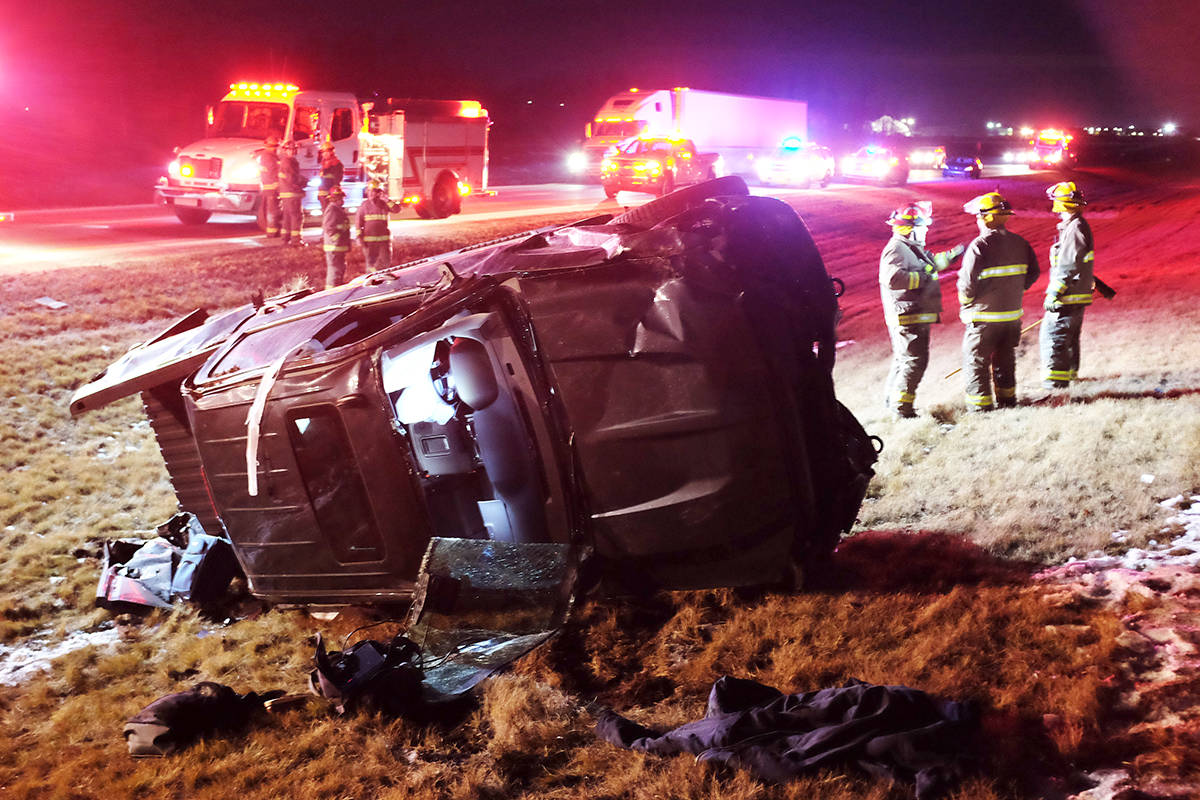 The driver of a pickup is believed to have suffered minor injuries Nov. 22 at 11 p.m. after his truck crashed through a guard rail and into the median. Emergency crews were called to the scene of the collision, which occurred on Highway QE2 just south of the Highway 53 Ponoka exit.                                Photo by Jeffrey Heyden-Kaye