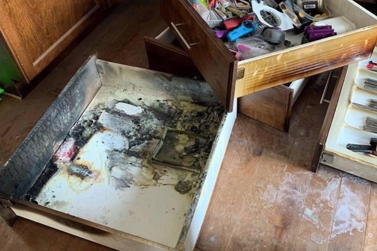 The aftermath of a fire started by overheated batteries in a drawer are shown in Charlottetown in this recent handout photo. (THE CANADIAN PRESS/HO - Damien Morris)