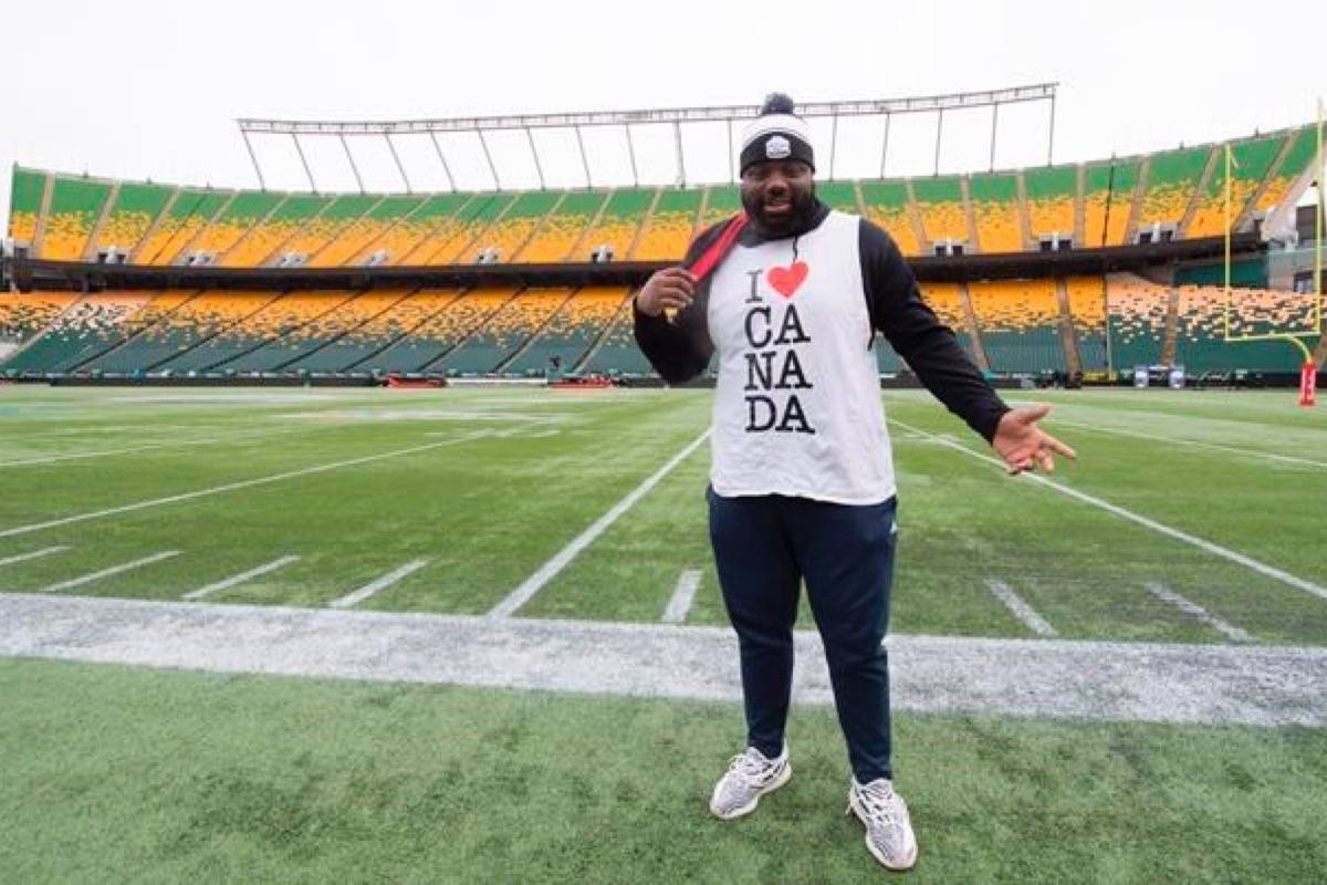 Calgary Stampeders offensive lineman Derek Dennis gets ready for the Grey Cup Sunday. (The Canadian Press)