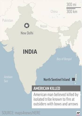 Map locates North Sentinel Island, India, where an American was believed killed by isolated tribe.