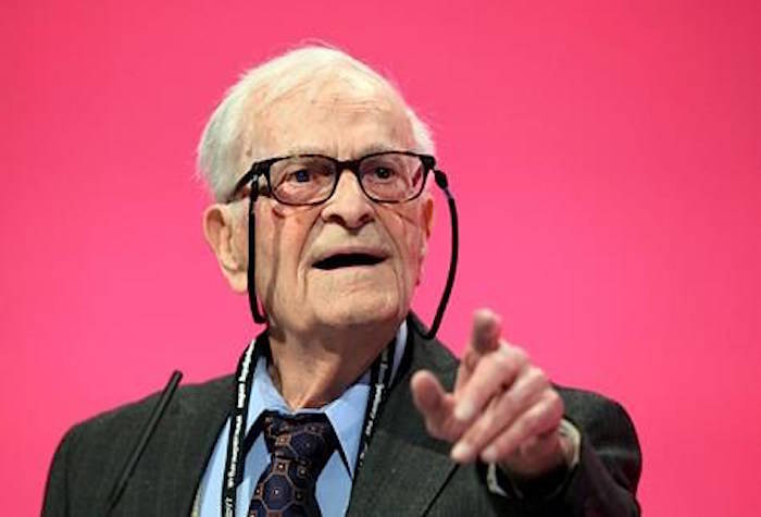 This Sept. 24, 2014 photo shows World War II veteran and political activist Harry Leslie Smith speaking during the Labour Party annual conference, in Manchester. (Peter Byrne/PA via AP)