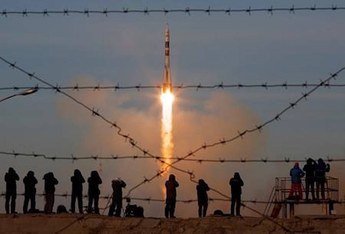 The Soyuz-FG rocket booster with Soyuz MS-11 space ship carrying a new crew to the International Space Station, ISS, blasts off at the Russian leased Baikonur cosmodrome, Kazakhstan, Monday, Dec. 3, 2018. The Russian rocket carries U.S. astronaut Anne McClain, Russian cosmonaut Oleg Kononenko‚Äé and CSA astronaut David Saint Jacques. (AP Photo/Dmitri Lovetsky)