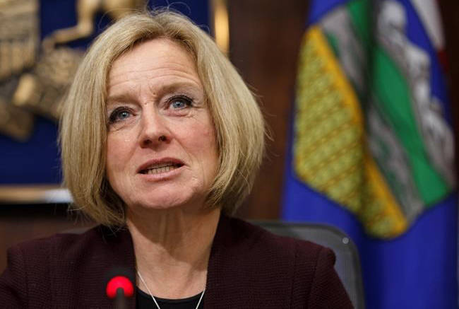 Alberta Premier Rachel Notley speaks to cabinet members about an 8.7 percent oil production cut to help deal with low prices, in Edmonton on Monday December 3, 2018. THE CANADIAN PRESS/Jason Franson