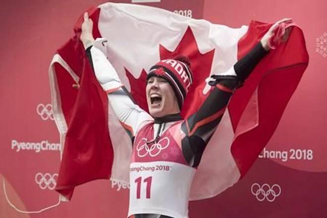 Canadian luger Alex Gough, of Calgary celebrates winning a bronze medal in women’s luge at the Olympic Siding Centre at he Pyeongchang 2018 Winter Olympic Games in South Korea on February 13, 2018. THE CANADIAN PRESS/Jonathan Hayward