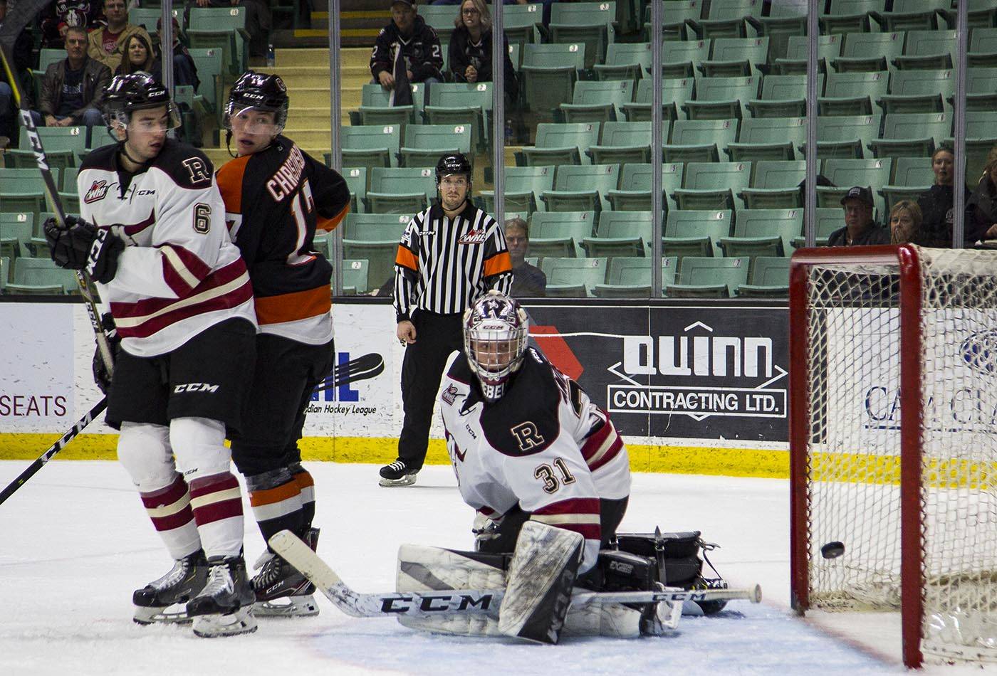 Rebels Defenseman Ethan Sakowich and Goalie Ethan Anders watch as a puck from the Medicine Hat Tigers finds the back of the net. The Rebels lost, 4-1, to the Medicine Hat Tigers Friday. Robin Grant/Red Deer Express