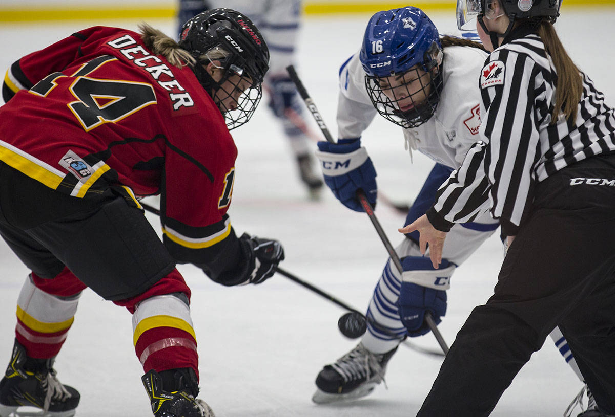 Calgary Inferno Forward Brianna Decker faces off against Toronto Furies Forward Sarah Nurse, who is also 2018 Olympic silver medalist, during the match on Female Hockey Day Saturday in Gary W. Harris Canada Games Centre. Robin Grant/Red Deer Express