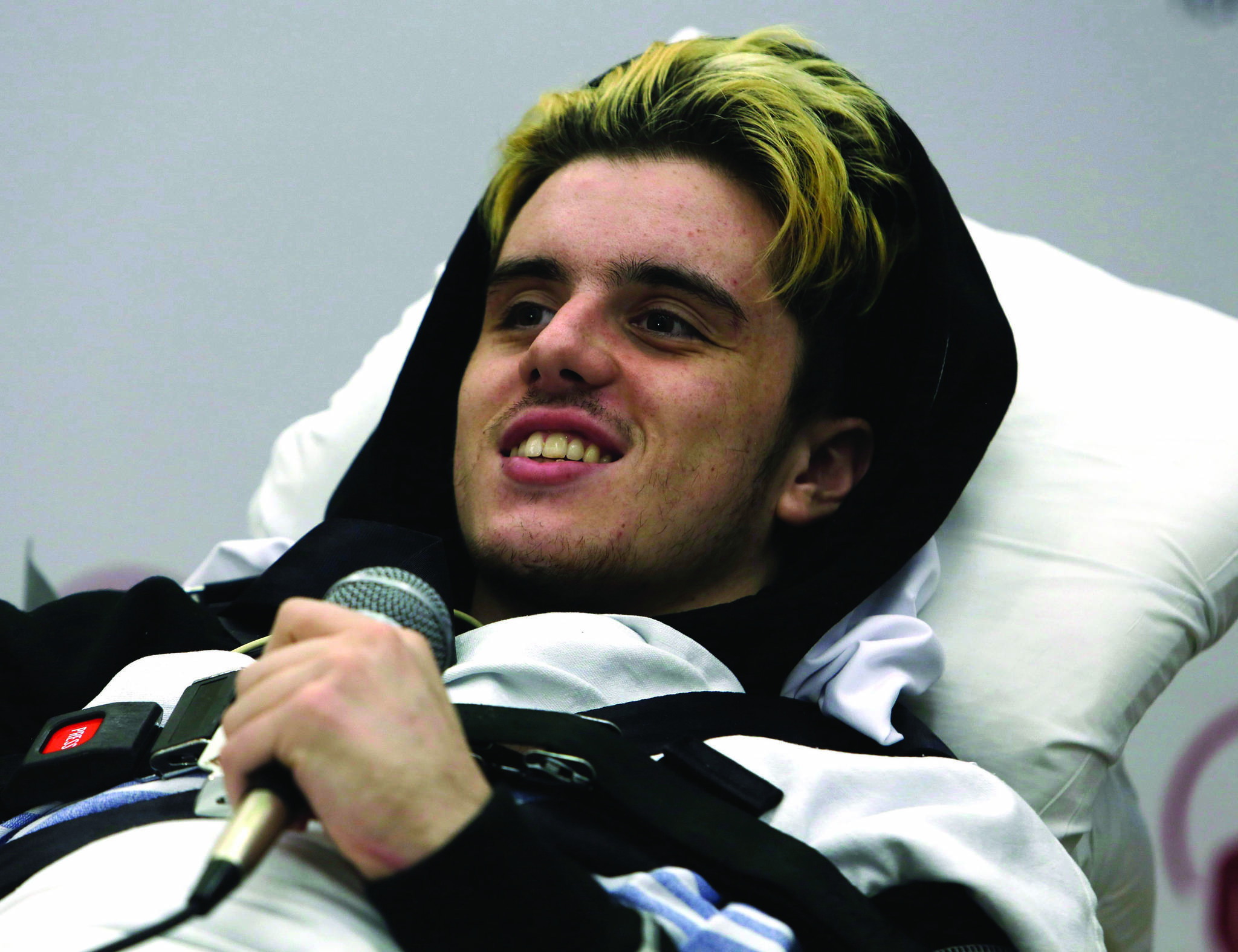 Ryan Straschnitzki smiles as he speaks to reporters at Shriners Hospitals for Children, Thursday May 31, 2018 in Philadelphia. The father of a young hockey player who was paralyzed in the Humboldt Broncos bus crash says his son is making good progress in his specialized spinal treatment in the United States. THE CANADIAN PRESS/AP, Jacqueline Larma