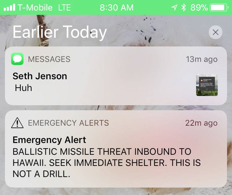 This smartphone screen capture shows a false incoming ballistic missile emergency alert sent from the Hawaii Emergency Management Agency system on Saturday, Jan. 13, 2018. (AP Photo/Marco Garcia)