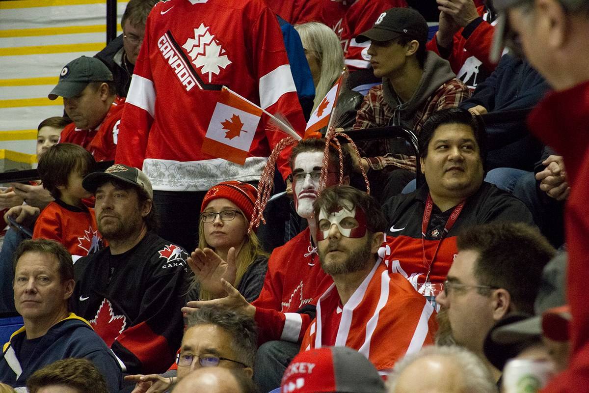 Team Canada faces off against Switzerland at the Save-on-Foods Memorial Centre in Victoria in the preliminaries before the 2019 IIHF World Junior Championships. (Katherine Engqvist/News staff)