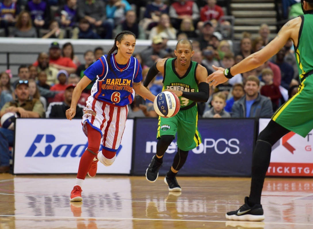 Hoops Green joined the Harlem Globetrotters in 2017 becoming only the 15th woman to ever don the red, white and blue uniform in the team’s 93-year history. The famous team plays Red Deer on Jan. 27th.                                Brett Meister photo