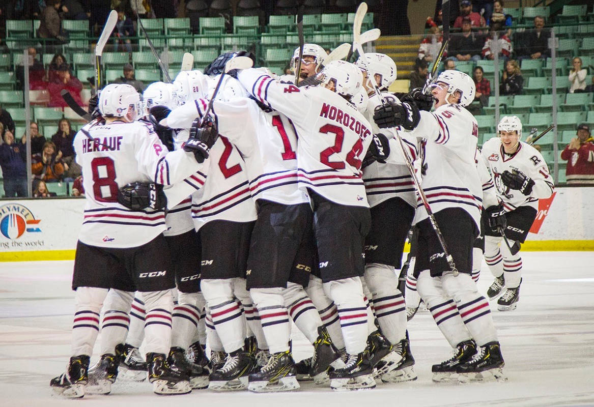 The Rebels celebrate after a nail-biting comeback victory against the Lethbridge Hurricanes Wednesday night at the Centrium. Robin Grant/Red Deer Express