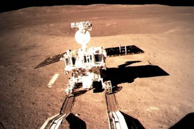 In this photo provided on Thursday, Jan. 3, 2019, by China National Space Administration via Xinhua News Agency, Yutu-2, China’s lunar rover, leaves wheel marks after leaving the lander that touched down on the surface of the far side of the moon. A Chinese spacecraft on Thursday, Jan. 3, made the first-ever landing on the far side of the moon, state media said. The lunar explorer Chang’e 4 touched down at 10:26 a.m., China Central Television said in a brief announcement at the top of its noon news broadcast. (China National Space Administration/Xinhua News Agency via AP)