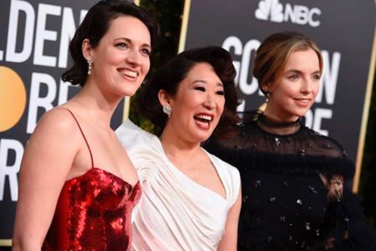 Phoebe Waller-Bridge, from left, Sandra Oh and Jodie Comer arrive at the 76th annual Golden Globe Awards at the Beverly Hilton Hotel on Sunday, Jan. 6, 2019, in Beverly Hills, Calif. (Photo by Jordan Strauss/Invision/AP)