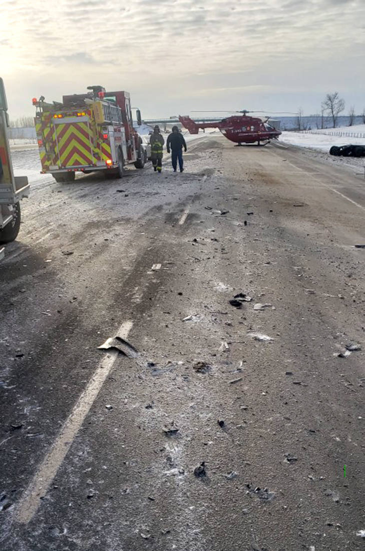 One person was flown to an Edmonton hospital Jan. 7 after a serious two vehicle collision on the QE2 at the Wetaskiwin exit. The southbound lanes were closed while members of the Ponoka Integrated Traffic Unit investigated and emergency crews cleared the scene.                                Photo submitted