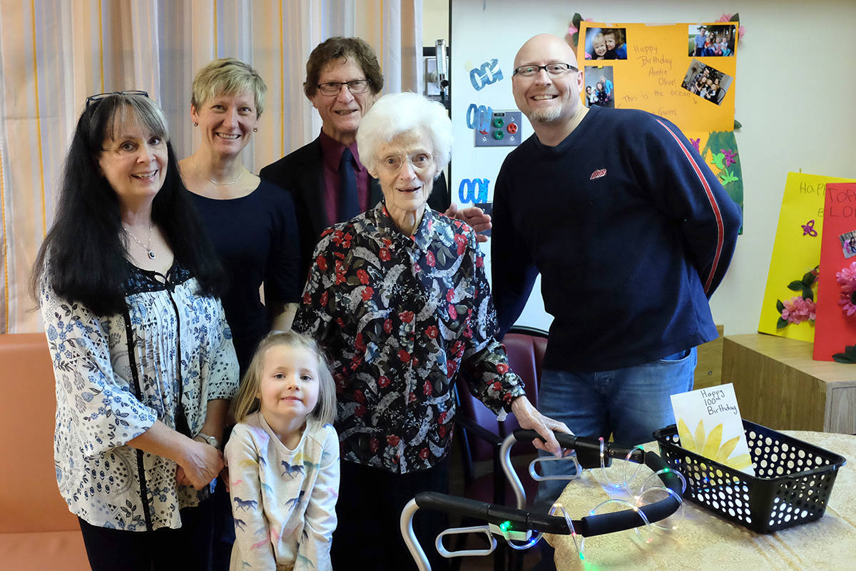 Olive Moore’s family converged on Ponoka to celebrate her 100th birthday Jan. 7. Moore was born Jan. 7, 1919. Pictured with Olive in the photo (l-r) are niece Lynette Dean, granddaughter Catherine Ford, great grand niece Olive, son Ron Moore and son-in-law Tim ford. Photo by Jeffrey Heyden-Kaye