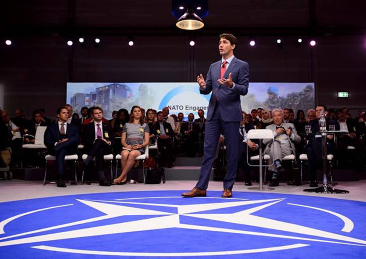 Prime Minister Justin Trudeau takes part in a NATO Engages Armchair Discussion at the NATO Summit in Brussels, Belgium on Wednesday, July 11, 2018. THE CANADIAN PRESS/Sean Kilpatrick