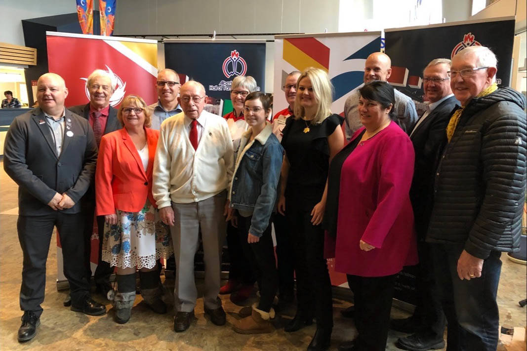 The official torchbearers for the 2019 Canada Winter Games held in Red Deer pose for a photo. Some of the names include Craig Curtis, Barb Miller, Mayor Tara Veer, Red Deer County Mayor Jim Wood, Wilton ‘Willie’ Littlechild, Don Moore and Gary W. Harris, among others. Robin Grant/Red Deer Express