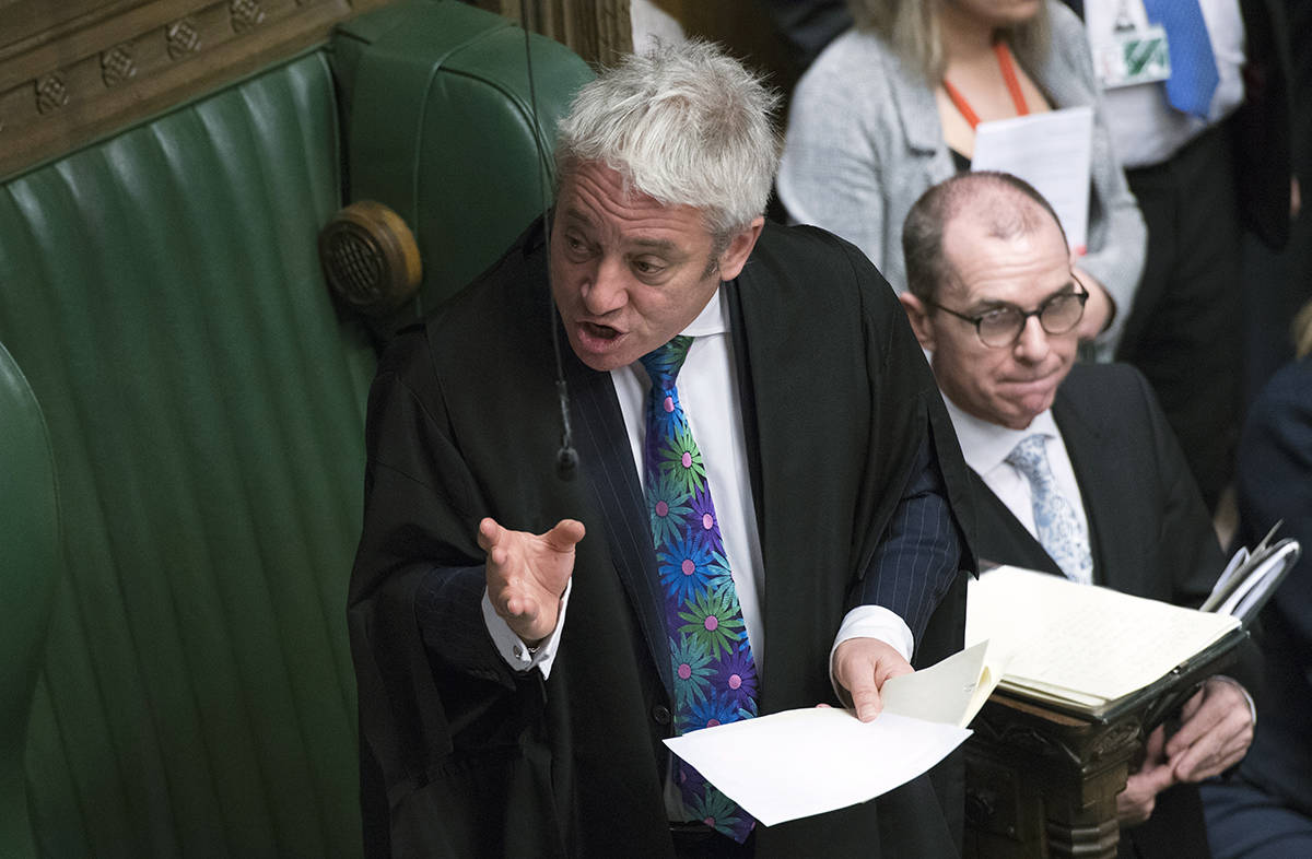 Speaker of the House of Commons John Bercow speaks during a debate before a government no-confidence vote in the House of Commons, London, Wednesday Jan. 16, 2019. Prime Minister Theresa May won a no confidence vote later Wednesday. (Jessica Taylor, UK Parliament via AP)