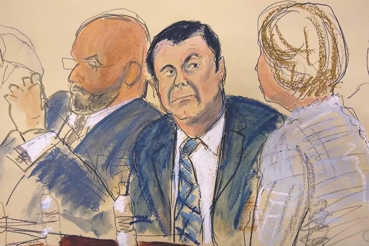 In this courtroom sketch Joaquin “El Chapo” Guzman, center, sits next to his defense attorney Eduardo Balazero, left, for opening statements as Guzman’s high-security trial gets underway in the Brooklyn borough of New York, Tuesday, Nov. 13, 2018. Guzman pleaded not guilty to charges that he amassed a multi-billion-dollar fortune smuggling tons of cocaine and other drugs in a vast supply chain that reached New York, New Jersey, Texas and elsewhere north of the border. The infamous Mexican drug lord has been held in solitary confinement since his extradition to the United States early last year. (Elizabeth Williams via AP)