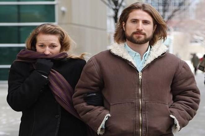 David and Collet Stephan leave for a break during their appeals trial in Calgary on March 9, 2017. THE CANADIAN PRESS/Todd Korol