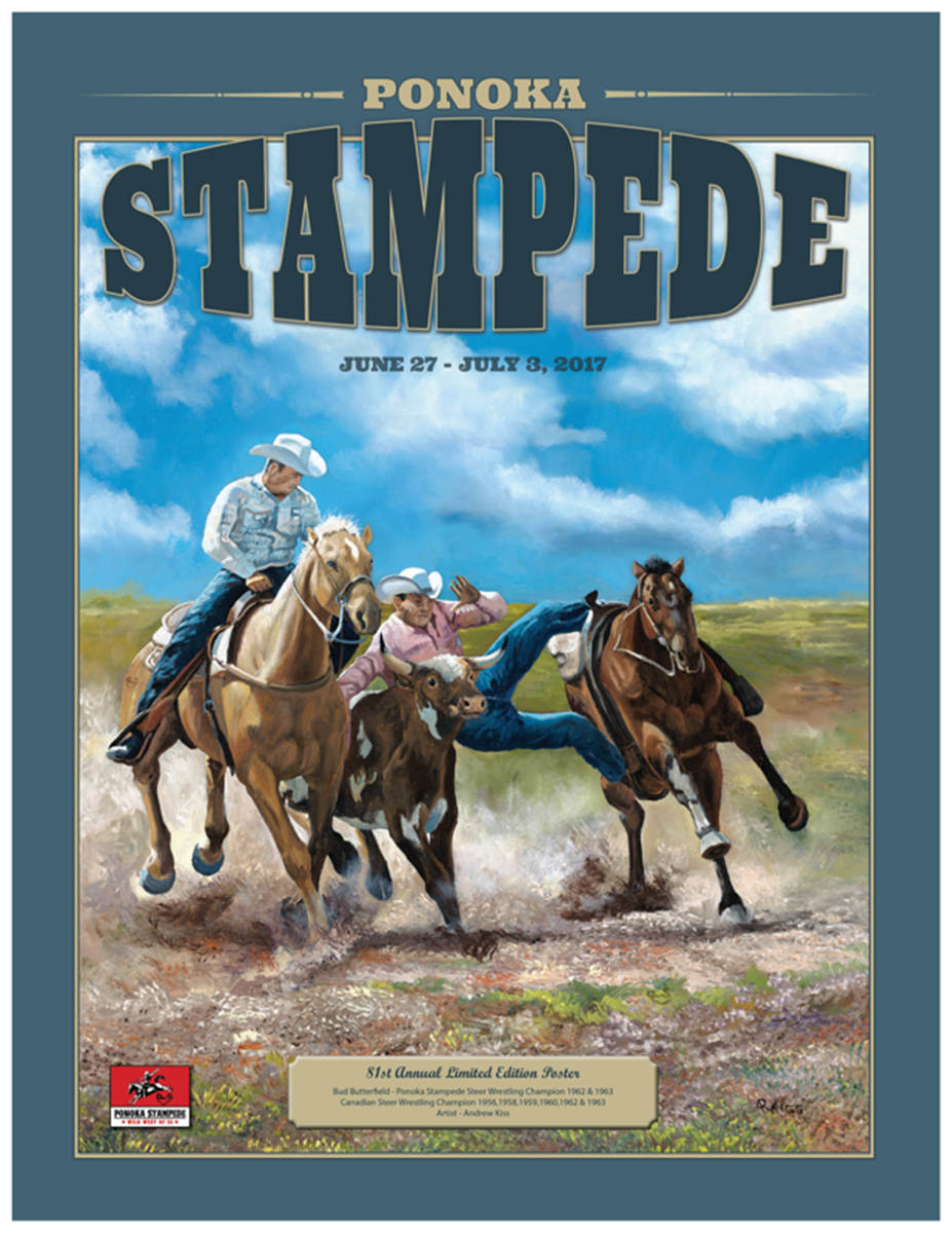The feature picture on the big glossy 2017 Ponoka Stampede poster is of 1950 and 1960 perennial Steer Wrestling champion Vernon (Bud) Butterfield in action during his long and outstanding pro-rodeo career. The Ponoka Stampede Association announced the passing of Bud Friday afternoon.