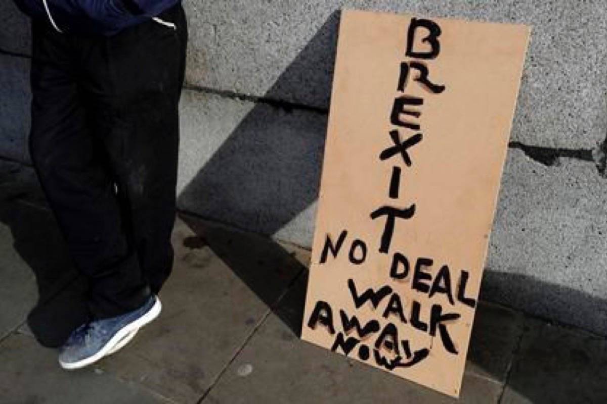 A banner leans on a wall near to parliament in London, Friday, Jan. 18, 2019. Talks to end Britain’s Brexit stalemate appeared deadlocked Friday, with neither Prime Minister Theresa May nor the main opposition leader shifting from their entrenched positions. (AP Photo/Kirsty Wigglesworth)