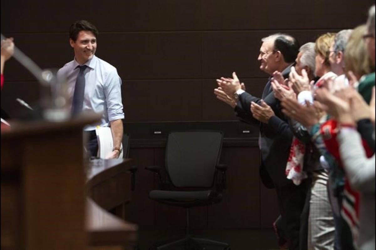 Prime Minister Justin Trudeau addresses his national caucus on Parliament Hill in Ottawa on Sunday, January 20, 2019. (Fred Chartrand/The Canadian Press)