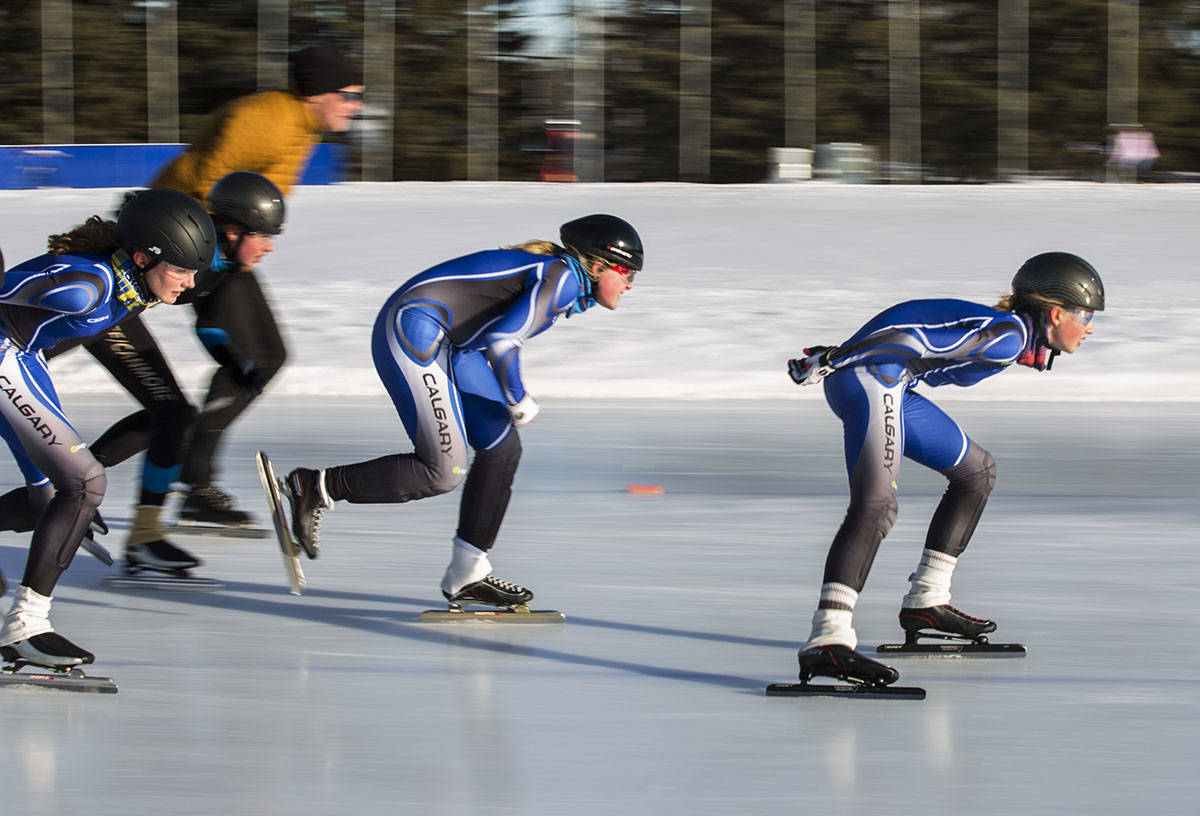 Junior speed skaters from across Alberta were at Setters Place over the weekend to compete in what was the first official race at the long track speed skating facility since it opened last December. Robin Grant/Red Deer Express