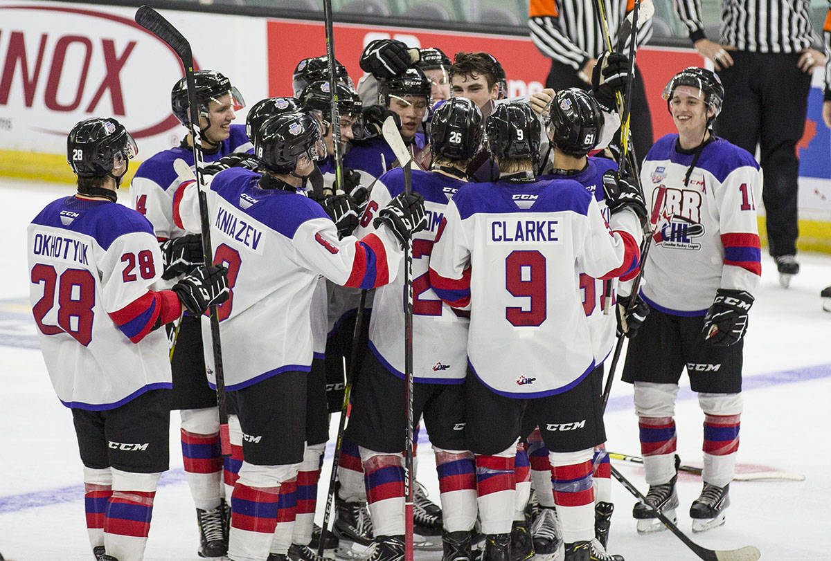 Team Orr celebrates after a comeback victory in the third period against Team Cherry. Robin Grant/Red Deer Express